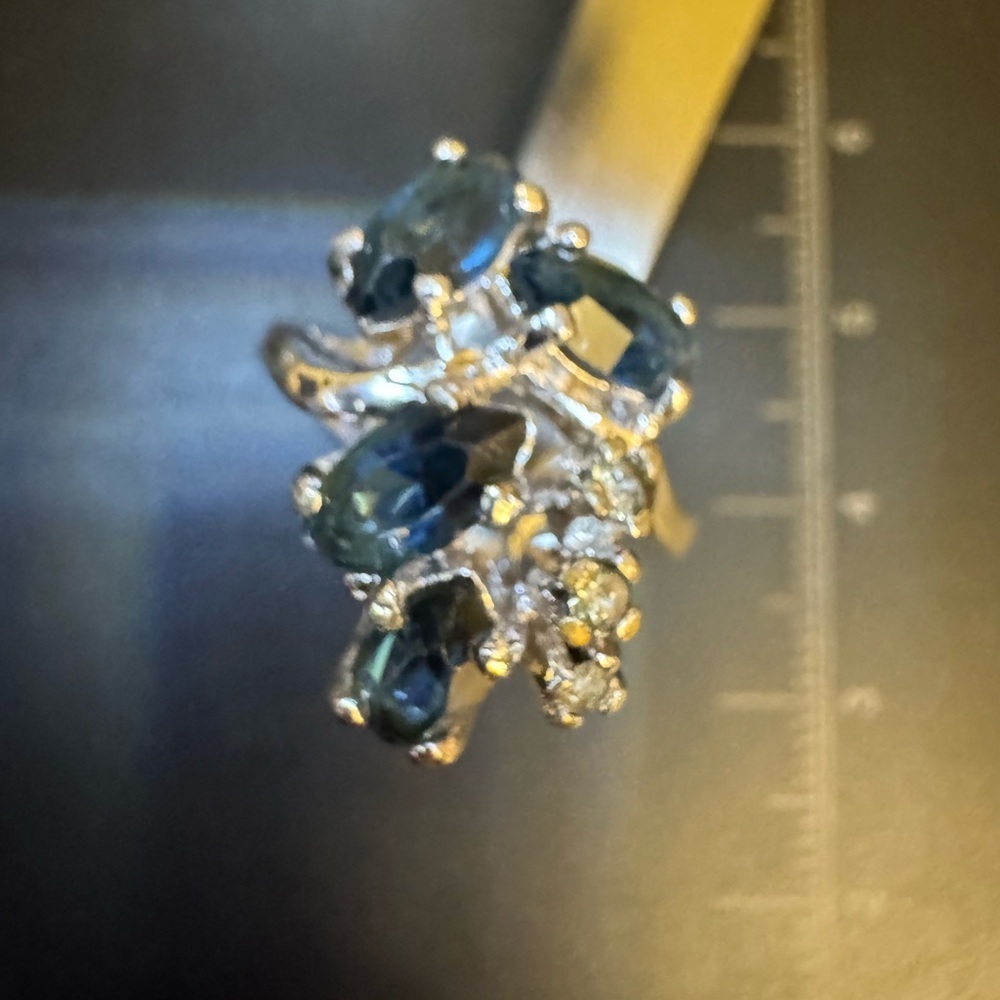 Silver tone blue and clear stones ring sz 6 - Picture 3 of 16